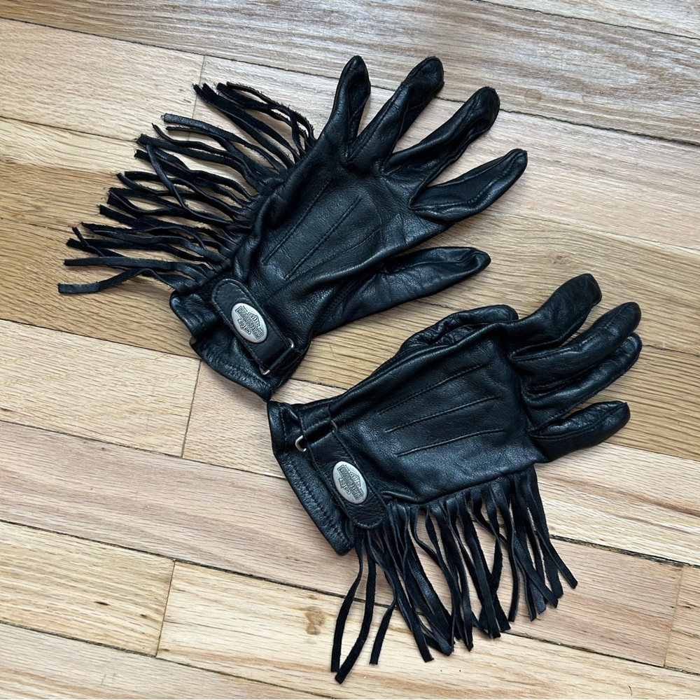 VTG 90s HARLEY DAVISON Black Leather FRINGE Biker WOMENS Gloves - Picture 6 of 7